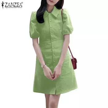 ZANZEA Женское повседневное летнее платье с отложным воротником и коротким рукавом M темно-синий