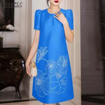 ZANZEA Женское повседневное летнее платье с короткими рукавами и круглым вырезом с принтом S красный