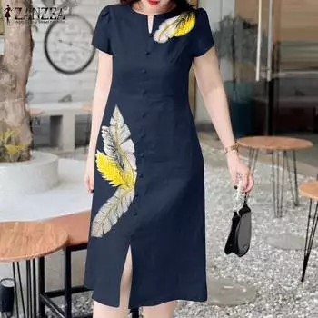 ZANZEA Женское повседневное летнее платье с короткими рукавами и круглым вырезом с принтом S белый