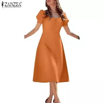ZANZEA Женское повседневное летнее платье с квадратным воротником и коротким рукавом M оранжевый