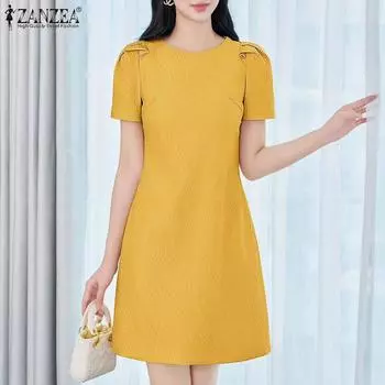 ZANZEA Женское повседневное летнее платье с круглым вырезом и коротким рукавом M жёлтый