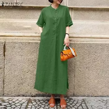 ZANZEA Женское повседневное летнее платье с коротким рукавом и воротником-стойкой 3XL зелёный