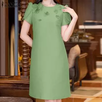 ZANZEA Женское повседневное летнее платье с круглым вырезом и коротким рукавом S зелёный