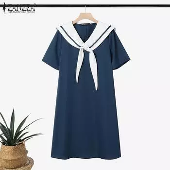 ZANZEA Женское повседневное летнее платье с коротким рукавом и темно-синим воротником M темно-синий