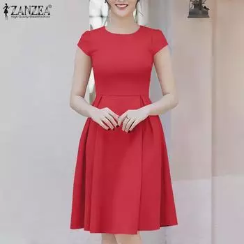 ZANZEA Женское повседневное летнее платье с круглым вырезом и коротким рукавом S красный