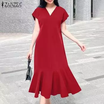 ZANZEA Женское повседневное летнее платье с коротким рукавом и V-образным вырезом S красный