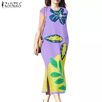 ZANZEA Женское повседневное летнее платье с круглым вырезом и коротким рукавом с принтом S фиолетовый
