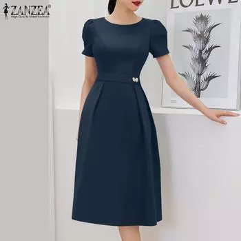 ZANZEA Women Casual Round Neck Summer Short Sleeve Plain Dress 3XL темно-синий