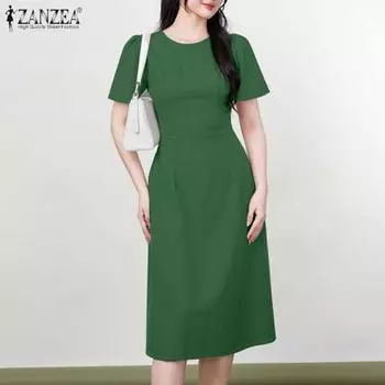 ZANZEA Женское повседневное летнее платье с круглым вырезом и коротким рукавом S хаки