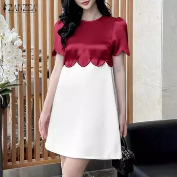 ZANZEA Женское повседневное летнее платье с коротким рукавом в стиле пэчворк S чёрный