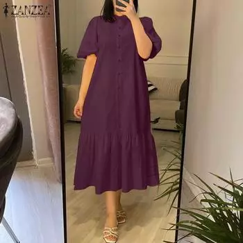 ZANZEA Женское повседневное летнее платье с круглым вырезом и коротким рукавом S жёлтый