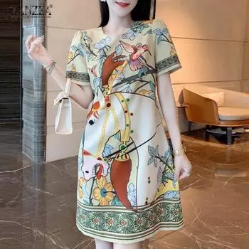 ZANZEA Женское повседневное летнее платье с короткими рукавами и круглым вырезом с принтом L зелёный