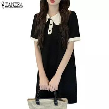 ZANZEA Женское повседневное летнее платье с отложным воротником и коротким рукавом M чёрный