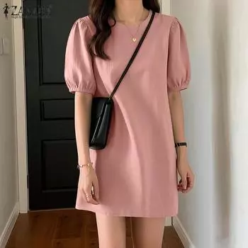 ZANZEA Женское повседневное летнее платье с круглым вырезом и коротким рукавом 3XL тёмно-синий