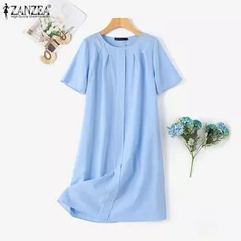 ZANZEA Женское повседневное летнее платье с круглым вырезом и коротким рукавом S светло-синий