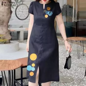 ZANZEA Женское повседневное летнее платье с короткими рукавами и круглым вырезом с принтом M белый