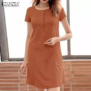 ZANZEA Женское повседневное летнее платье с круглым вырезом и коротким рукавом S розовый