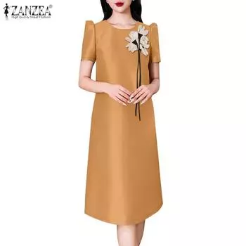 ZANZEA Женское повседневное летнее платье с коротким рукавом в стиле пэчворк с цветами S хаки