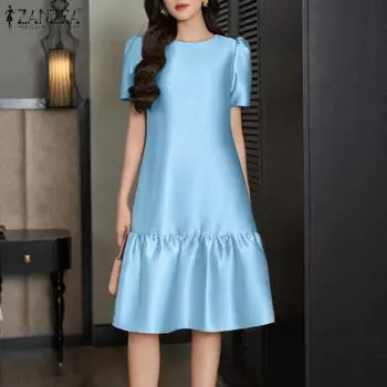 ZANZEA Женское повседневное летнее платье с круглым вырезом и коротким рукавом S хаки