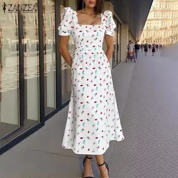 ZANZEA Женское повседневное летнее платье с квадратным вырезом и коротким рукавом с цветочным принтом S чёрный