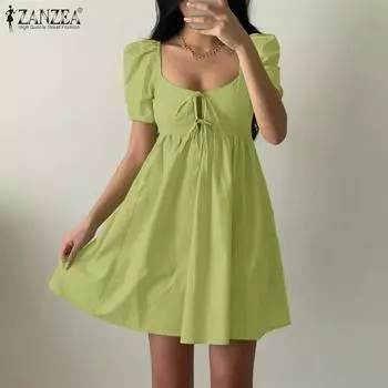 ZANZEA Женское повседневное летнее платье с квадратным вырезом и коротким рукавом S зелёный