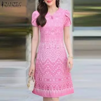 ZANZEA Женское повседневное летнее платье с коротким рукавом и V-образным вырезом S светло-синий