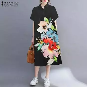 ZANZEA Женское повседневное летнее платье с коротким рукавом и отложным воротником с цветочным принтом 5XL чёрный