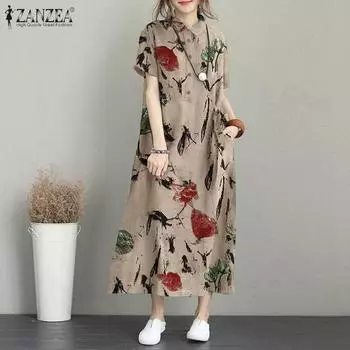 ZANZEA Женское повседневное летнее платье с отложным воротником и длинными свободными рукавами S зелёный