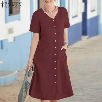 ZANZEA Женское повседневное летнее платье с v-образным вырезом и короткими рукавами