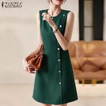 ZANZEA Женское повседневное летнее платье трапециевидной формы без рукавов с круглым вырезом 4XL чёрный