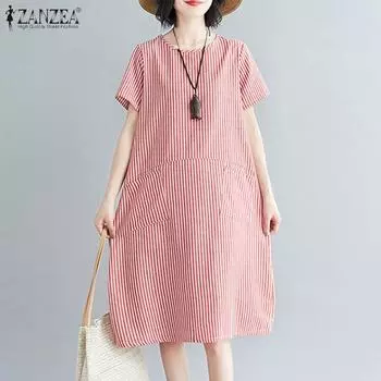 ZANZEA Женское повседневное летнее платье в полоску с круглым вырезом и короткими рукавами M тёмно-синий