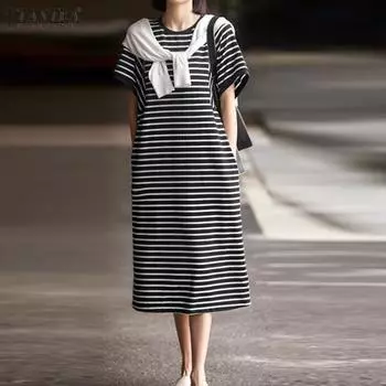 ZANZEA Женское повседневное летнее платье в полоску с круглым вырезом и короткими рукавами M чёрный