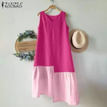 ZANZEA Женское повседневное летнее платье в стиле пэчворк без рукавов с V-образным вырезом XL зелёный