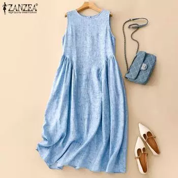ZANZEA Женское повседневное летнее платье в стиле бохо с круглым вырезом без рукавов 5XL бежевый