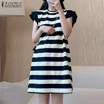 ZANZEA Женское повседневное летнее платье в полоску с круглым вырезом и короткими рукавами S чёрный