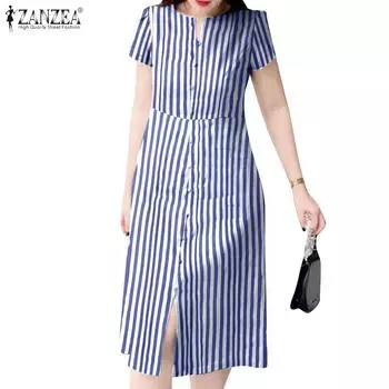 ZANZEA Женское повседневное летнее платье в полоску с круглым вырезом и короткими рукавами 5XL синий
