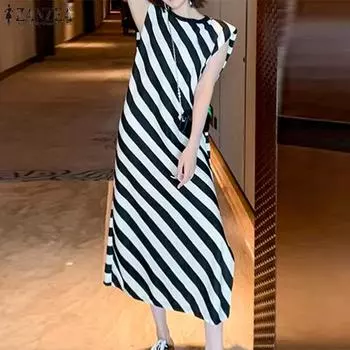 ZANZEA Женское повседневное летнее платье в полоску без рукавов с круглым вырезом XL чёрный