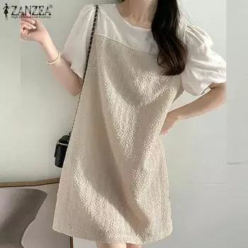 ZANZEA Женское повседневное летнее платье в стиле пэчворк с короткими рукавами
