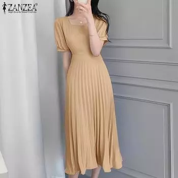 ZANZEA Женское повседневное летнее плиссированное длинное платье с V-образным вырезом и коротким рукавом S розовый