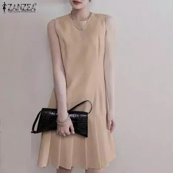 ZANZEA Женское повседневное летнее плиссированное платье без рукавов с круглым вырезом