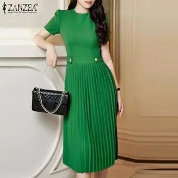 ZANZEA Женское повседневное летнее плиссированное платье с короткими рукавами и круглым вырезом