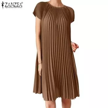 ZANZEA Женское повседневное летнее плиссированное платье с короткими рукавами и круглым вырезом M