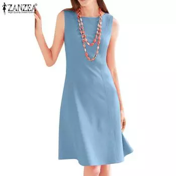 ZANZEA Женское повседневное летнее пляжное платье без рукавов с круглым вырезом