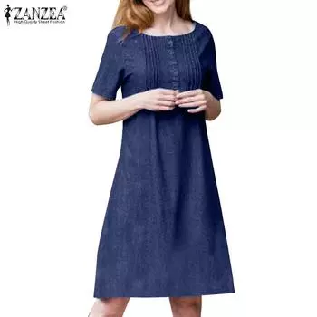 ZANZEA Женское повседневное летнее простое платье с круглым вырезом и коротким рукавом S чёрный