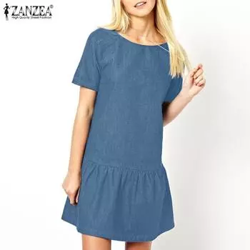 ZANZEA Женское повседневное летнее синее джинсовое платье с коротким рукавом и круглым вырезом