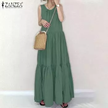 ZANZEA Женское повседневное летнее свободное длинное платье без рукавов 2XL зелёный
