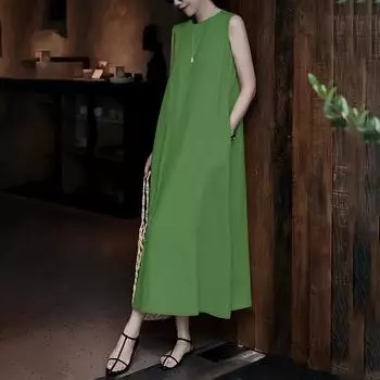 ZANZEA Женское повседневное летнее свободное платье-майка без рукавов с круглым вырезом S зелёный