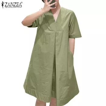 ZANZEA Женское повседневное летнее свободное платье с v-образным вырезом и коротким рукавом