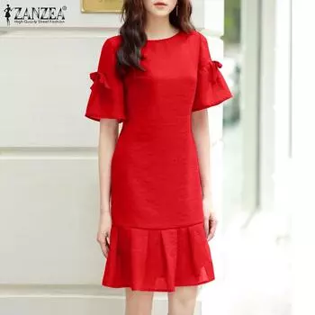 ZANZEA Женское повседневное летнее свободное платье с круглым вырезом и расклешенными рукавами