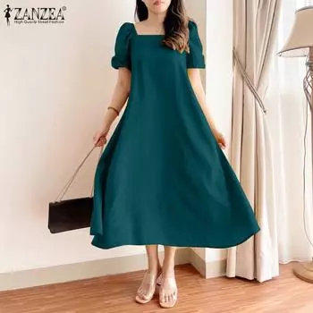 ZANZEA Женское повседневное летнее свободное платье с квадратным воротником и коротким рукавом S зелёный